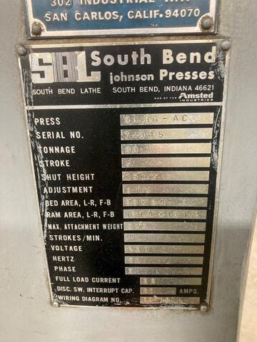 80 Ton, South Bend #OBI-90, Back Gauge OBI punch press, 4" stroke, 15.5" Shut Height, 3.5" adj., 35" x24" - Image 2