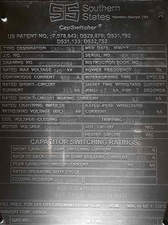 650 Amp. SOUTHERN STATES, CAP-145, 145000 Volts, SF6 CIRCUIT SWITCHER - Image 2