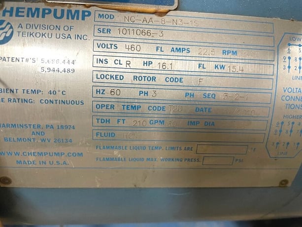 60 GPM @ 210' TDH, Chempump #NC-AA-8-N13-1S, 1 x 1.5" Sealless Pump, Stainless Steel - Image 5