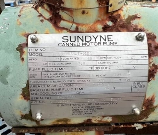 60 GPM @ 80' TDH, Sundyne #HN23B-R3NJT, Canned Pump, 6.2 HP, 7.9 full load amp - Image 4