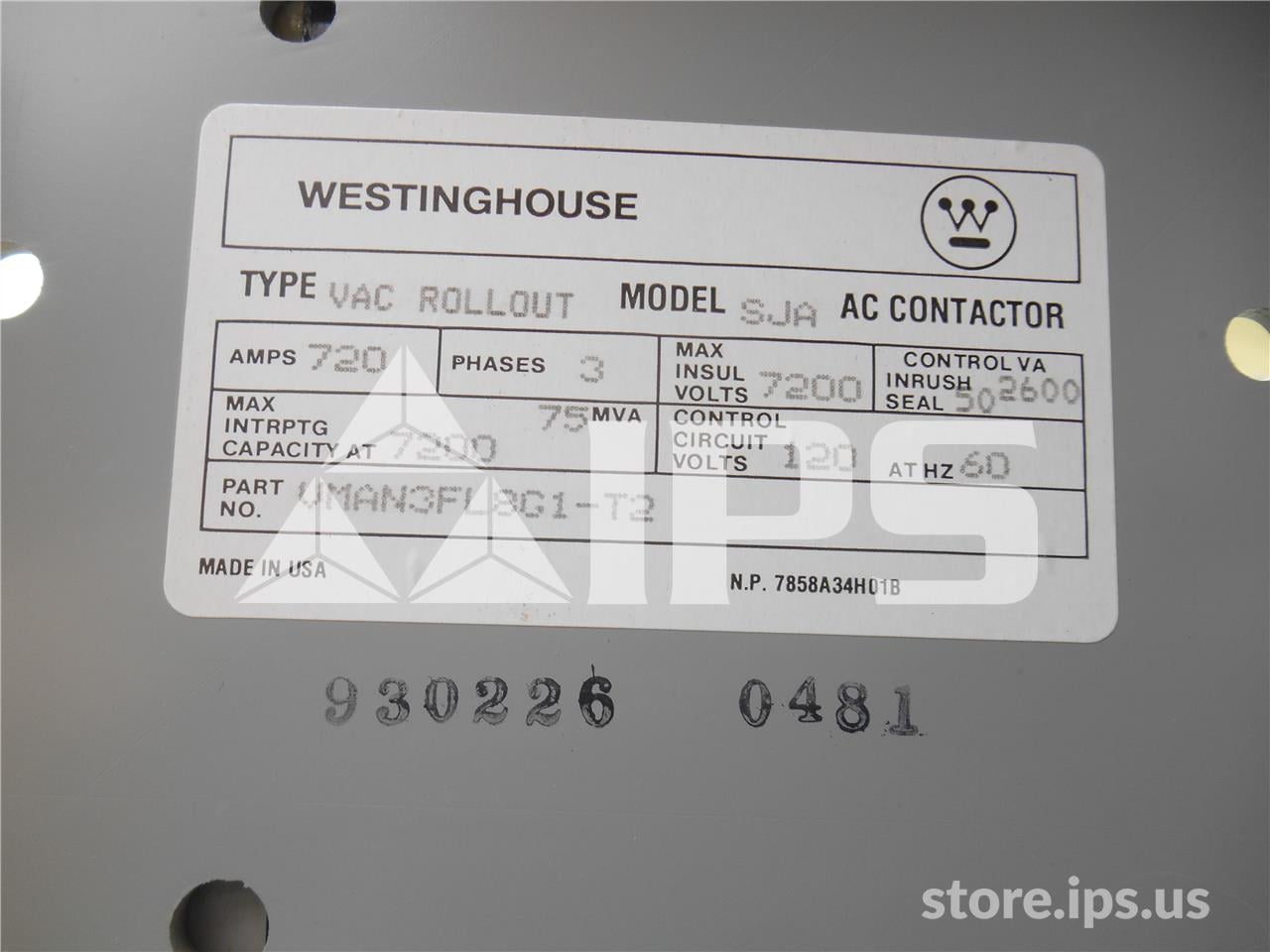 720 Amps WH Sja Vacuum Contactor 75mv Amps 5 KV 120 Volts AC Control, 4160:240/120 Cpt - Image 4
