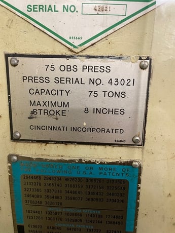 75 Ton, Cincinnati #75OBS, hydraulic gap frame press, 8" stroke, die cushion, Cincinnati tonnage and position - Image 10