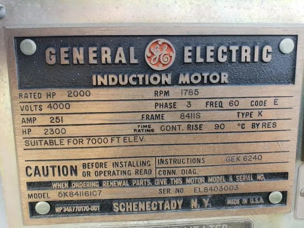2000 HP 1785 RPM General Electric, Frame 8411S, 4000 Volts, rebuilt in 2000 - Image 7