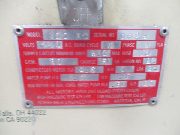 1 Ton, Schreiber Engineering #100AA, water chiller, 440 V., 3 phase - Image 2