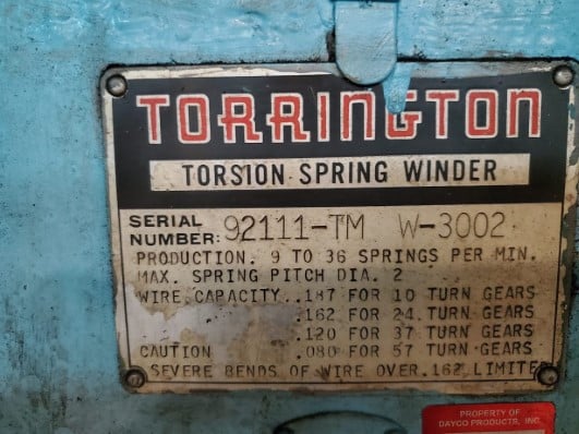 No. W3002 Torrington, Torsion Coiler, .187" wire, 10 turns, 38.5" line H, 2.187" camshaft diameter, 36 SPM - Image 5