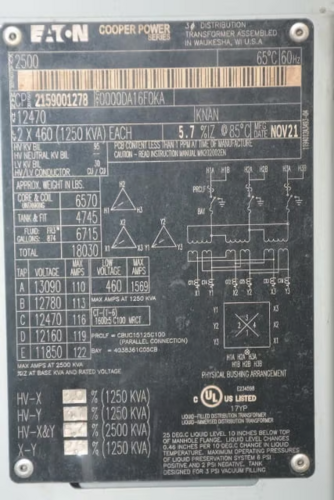 2500 KVA 12470 Delta Primary, 2x460 Delta Secondary, Eaton Cooper Power Series substation transformer, 0 - Image 10
