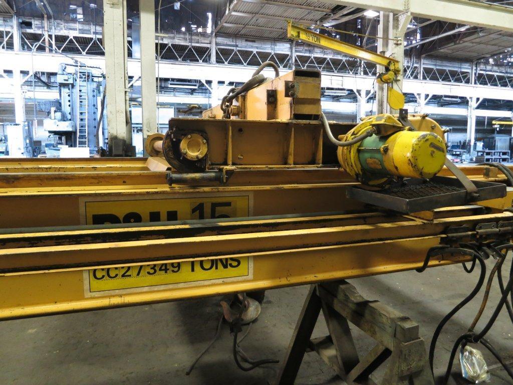 15 Ton, P & H, double girder overhead crane, 25' span, 18'2" lift, 46" overhead clearance, Pendant Control - Image 1
