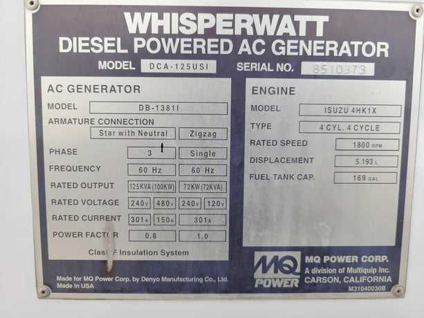 100 KW Multiquip #DCA125USI, diesel, enclosure mounted on trailer, 2011, #89206 - Image 7