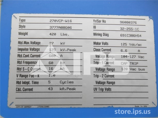 600 Amps, Ch 270vcp-w 16 Eo/do Parts Unit - Image 2