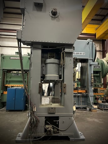 500 Ton, Minster #E2-500, straight side double crank, 12" stroke, 18-27 SPM, very good - Image 7