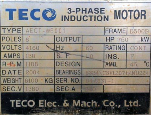 750 HP 1188 RPM Teco, Frame D500B, cont., 1.0SF, 4160 Volts, 2004 - Image 2