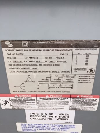 15 KVA 480 Primary, 208 Secondary, Square D transformer - Image 2