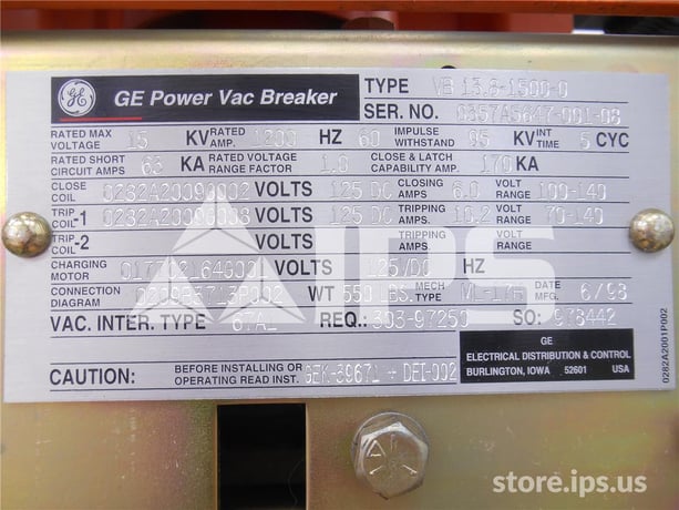 1200 Amps GE Vb 13.8-1500-0 Ml-17h (vb 13.8-1500) 125 Volts DC Control, 28k Amps Sc, Bottle# 41a2 - Image 2