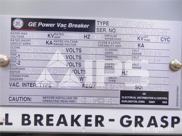 1200 Amps GE Vb 13.8-1500-0 Ml-17h (vb 13.8-1500) 125 Volts DC Control, 28k Amps Sc, Bottle# 41a2 - Image 3