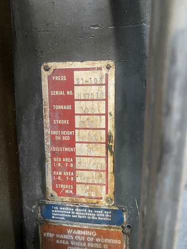 100 Ton, Bliss, straight side single crank press - Image 2