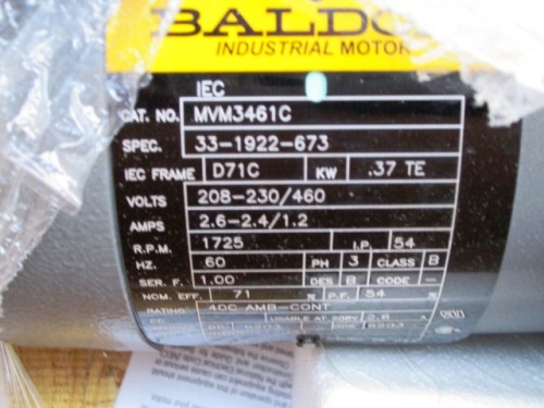 .37 TE HP 1725 RPM Baldor, Frame D71C, TEFC, 208-230/460 Volts - Image 3