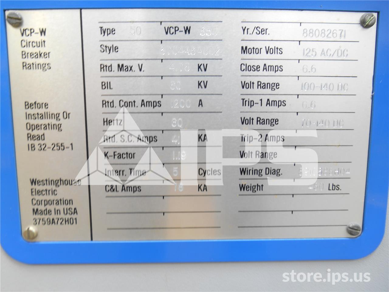 1200 Amps WH 50vcp-w 350 Eo/do Parts Unit, 4.76kv, 125 Volts DC - Image 2