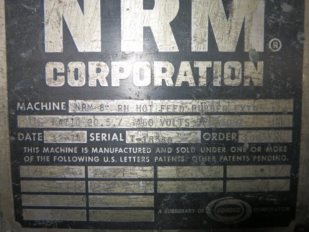 8" NRM, hot feed rubber extruder, right hand feed, 20.5:1 G/B ratio, unitized base, 1974 - Image 2