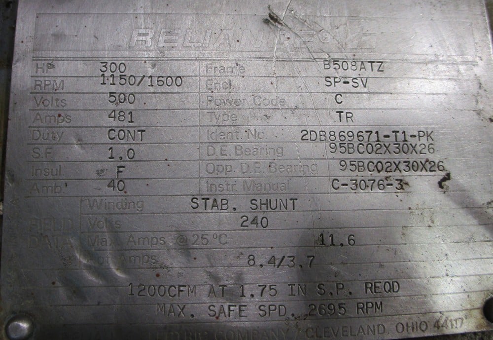 300 HP 1200/1600 RPM Reliance, Frame 508ATZ, SP-SV, electrically OK, 500 VA, 240 VF - Image 2