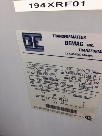 60 KVA 575/332 Primary, 416/248 Secondary, Bemag Transformer - Image 2