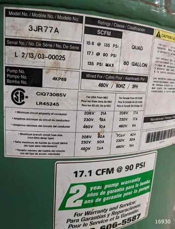 Speedaire #3JR77A, air compressor, 17 cfm @ 90 psi, 15.8 scfm @ 90 psi, 60 gallon, 460 V. - Image 2