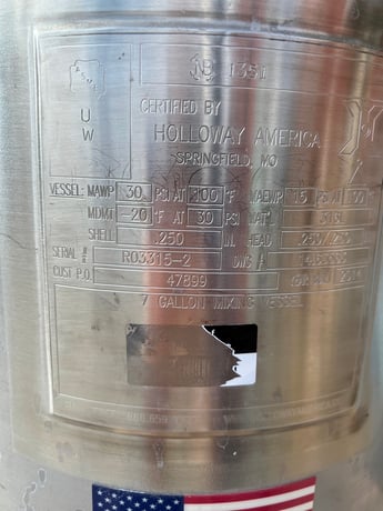 7 gallon Holloway American, 316L Stainless Steel tank, 30 psi, 12" dia x 26" straight side, 1" center bottom - Image 8