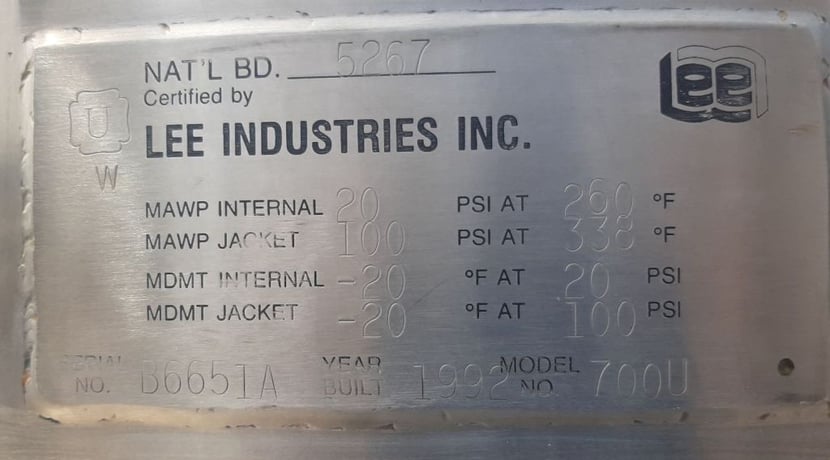 700 gallon Lee #700U, Stainless Steel tank, jacketed, 100 psi, 48" dia x 92" straight side, 1992 - Image 9