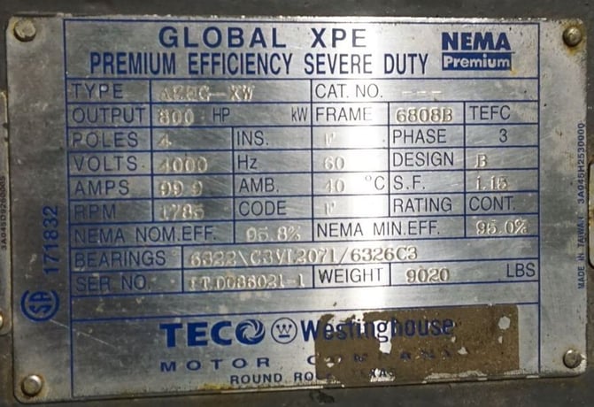 800 HP 1785 RPM Teco Westinghouse, Frame 6808B, TEFC, 1.15SF, 4000 Volts - Image 6
