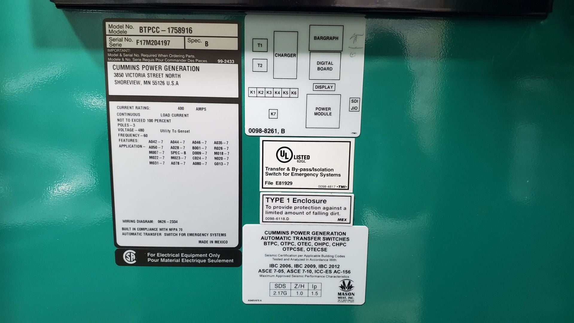 400 Amp. Cummins BTPCC-1758916, bypass/isolation automatic transfer switch, 3-poles, 480 Volts, 2017 - Image 5