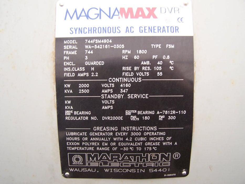 2000 KW, 1800 RPM, Marathon, Magna Max #744FSM4904, 2500 KVA, 4160 Volts - Image 2