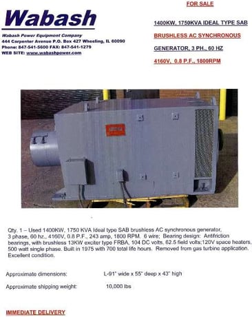 1400 KW, 1800 RPM, Ideal #1750-1400, type SAB, 3/60/4160V - Image 1