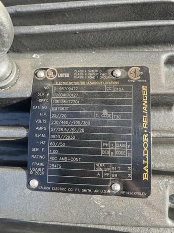 25 HP 3600 RPM Baldor, Frame 284TS, explosion proof, New Surplus, 230/460 Volts - Image 2