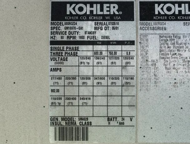 600 KW Kohler #600ROZD4, diesel generator, open, 277/480 Volts, 200 hours, 2001, #89573 - Image 6