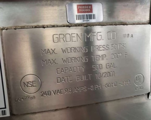 500 gallon Groen, Stainless Steel cooker/cooling kettles, sweep agitation & scraper blades, 50 psi @ 200°F - Image 5