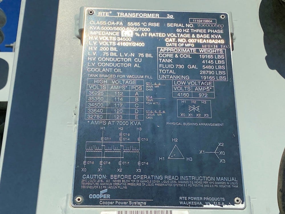 5000/5600/6250/7000 KVA 34500 Delta Primary, 4160/2400 Secondary, RTE, station transformer - Image 1