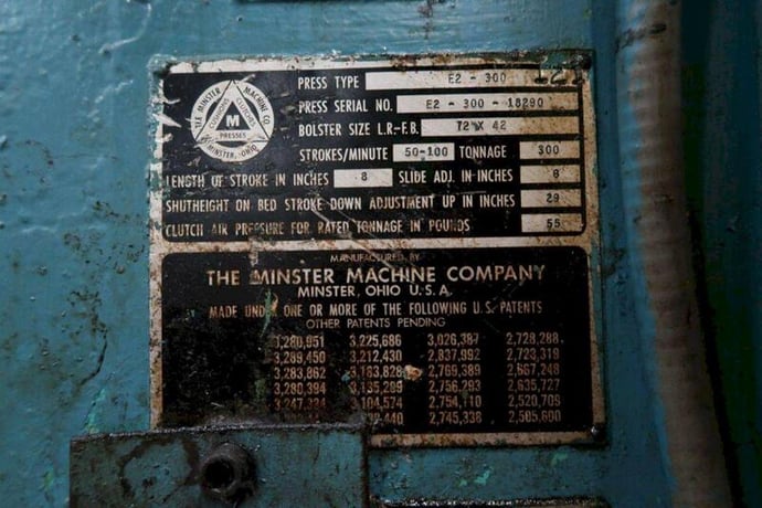 300 Ton, Minster #E2-300-72-42, 8" stroke, 29" Shut Height, 6" adj., 72" x 42" bed, 50-100 SPM, 1969 - Image 8