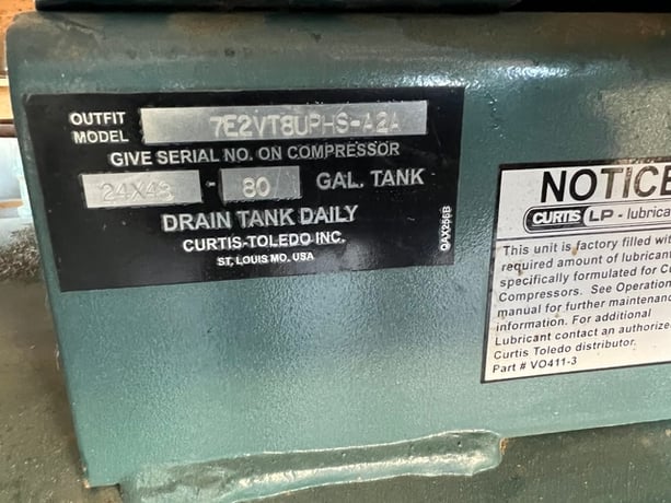 7.5 HP Curtis, Single Phase Air Compressor - Image 3