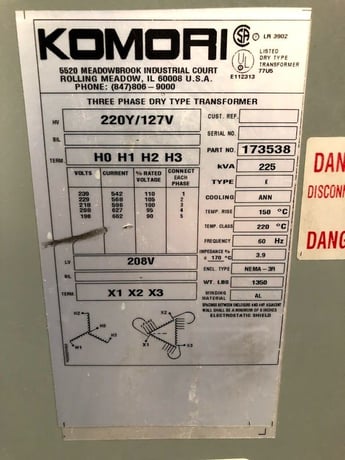 225 KVA 220Y/127 Primary, 208 Delta Secondary, Komori, dry type, 3R enclosure - Image 5