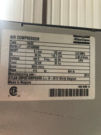 118 cfm, 132 psi, Atlas Copco #GA22, air compressor, 30 HP, s/n AP1468565,2014 - Image 2