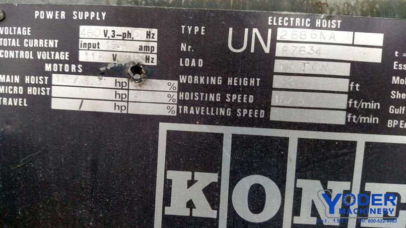 10 Ton, Kone, electric hoist, 33' working height, 16 & 5 FPM, 10 & 3.3 HP, #64650 - Image 8
