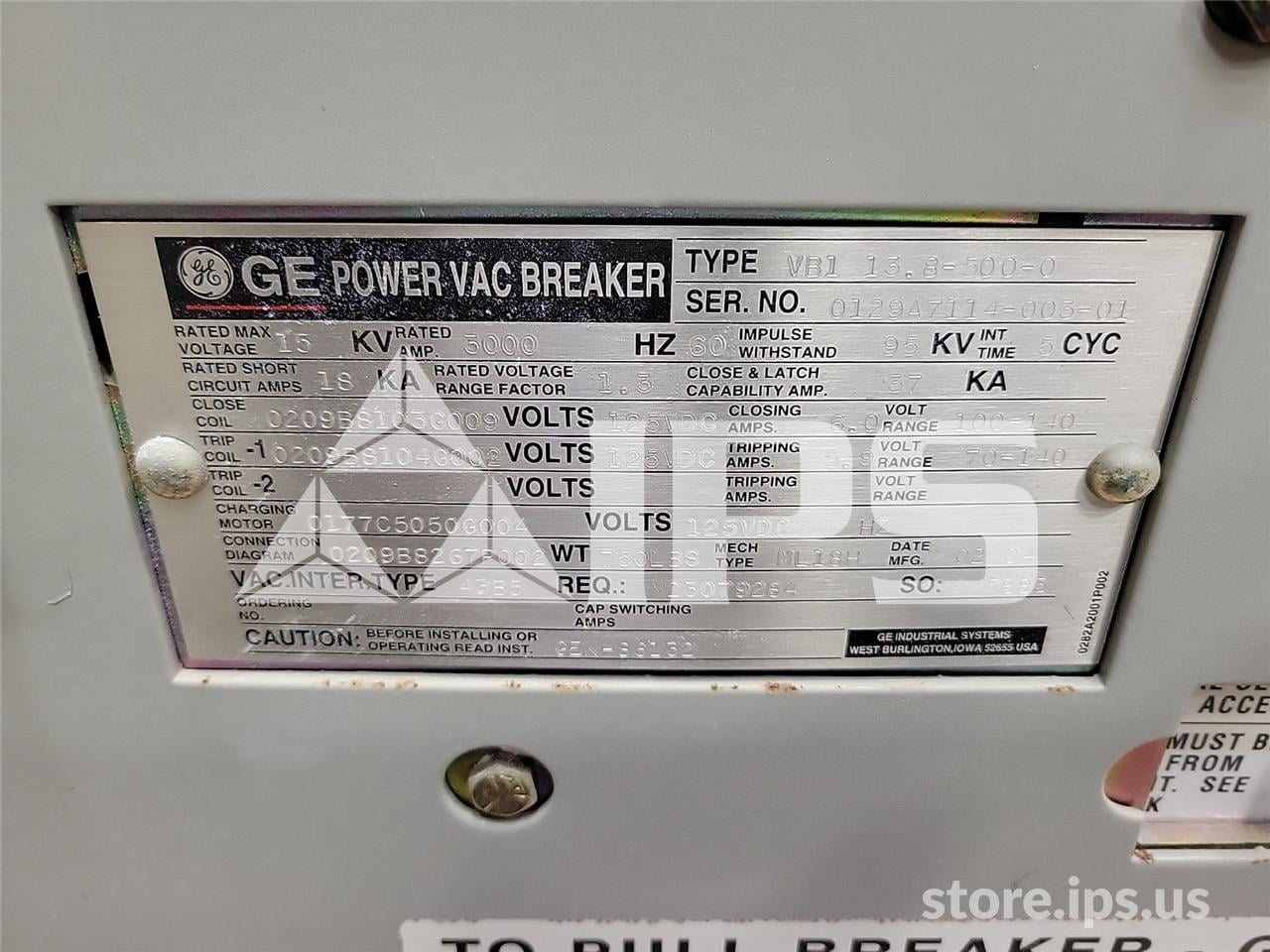 3000 Amps GE Vb1 13.8-500-0 Ml-18h (vb1 13.8-500) 125 Volts DC Control - Image 5