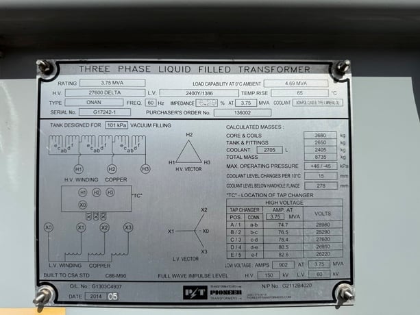 3750 KVA 27600 Delta Primary, 2400Y/1386 Secondary, 3 phase Station Style Transformer, HV top, LV side box - Image 1