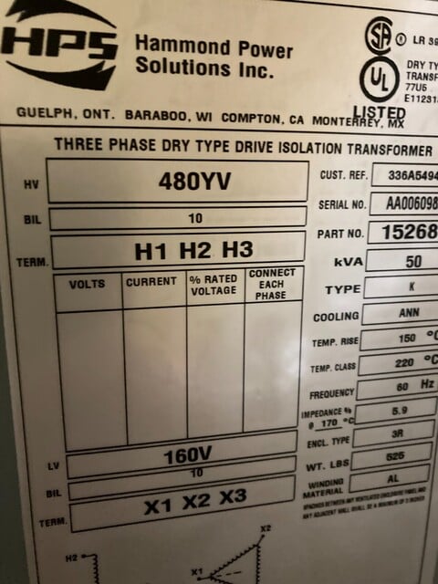 50 KVA 480 Primary, 160 Secondary, Hammond, dry type, 3R, new - Image 5