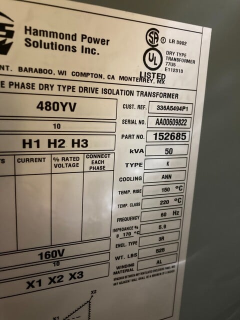 50 KVA 480 Primary, 160 Secondary, Hammond, dry type, 3R, new - Image 6