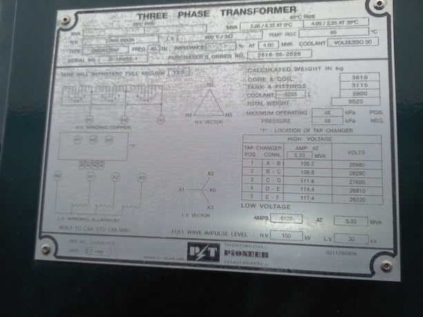 4000/5333 KVA 27600 Delta Primary, 600Y/347 Secondary, Pioneer, substation transformer, 1998 - Image 3