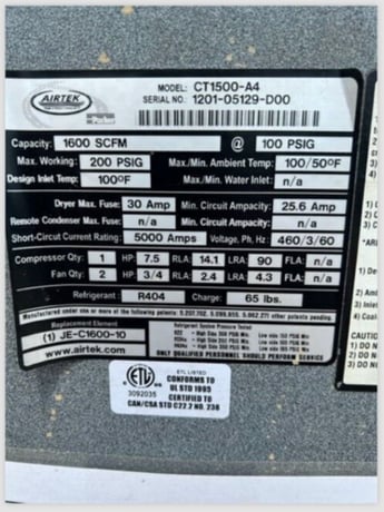 1600 cfm, 200 psig, Airtek #CT1500, cycling refrigerated air dryer - Image 6