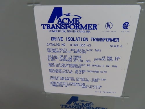 63 KVA 460 Delta Primary, 460Y/266 Secondary, Acme DTGB-063-4S transfomrer - Image 5