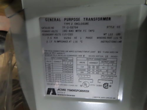 7.5 KVA 190 Primary, 440 Secondary, Acme TF-2-52794 type 2 transformer, 50/60 Hz, 1 yr warranty - Image 4