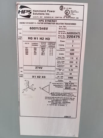 500 KVA 600 Primary, 346 Secondary, Hammond Power Solutons transformer for Microgrid equiment - Image 3