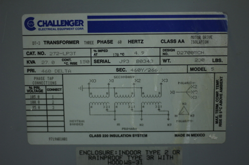 27 KVA 460 Delta Primary, 460Y/266 Secondary, Challenger 272-LP3T transformer, 1 yr warranry - Image 2